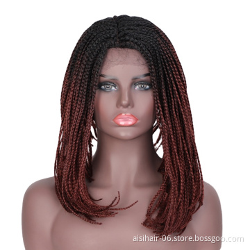 Aisi Hair Vendor Wholesale Ombre Red Afro Twist Box Braided Lace Frontal Wigs Synthetic Hair For Black Women Lace Front Wig